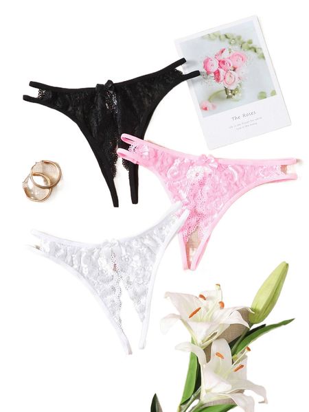 

3pack floral lace crotchless panty set h65u#, Black;red