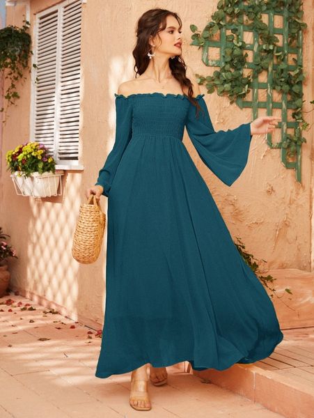 

off shoulder shirred bell sleeve dress o0rl#, Black;gray