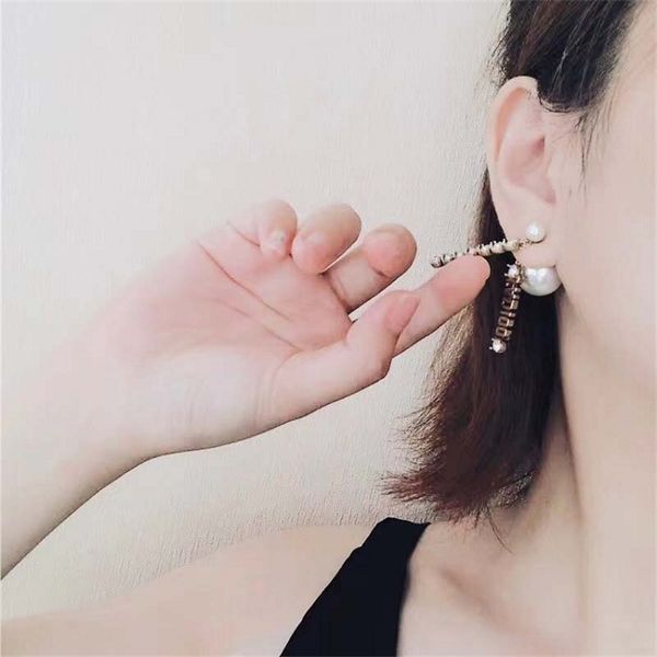 

design jewel ornament charm earring s925 silver needle pearl letter tassel two wear brass earrings, Golden