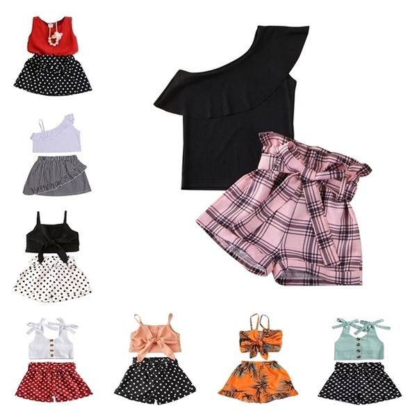 

fashion toddler baby girls clothes kids summer one shoulder ruffles t shirts plaid print bow shorts outfit sets 2 7y 220705, White