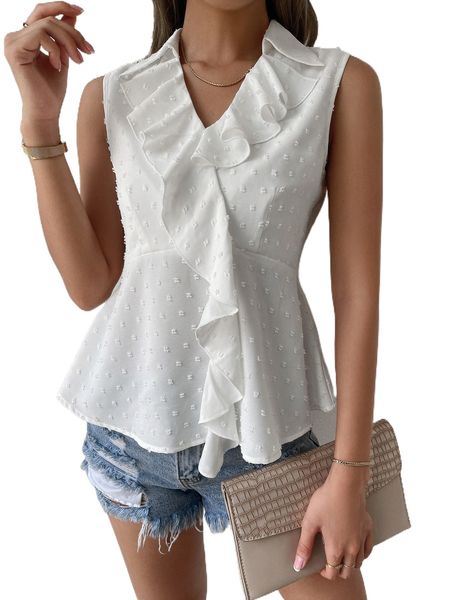 

swiss dot ruffle trim peplum blouse j4p5#, White