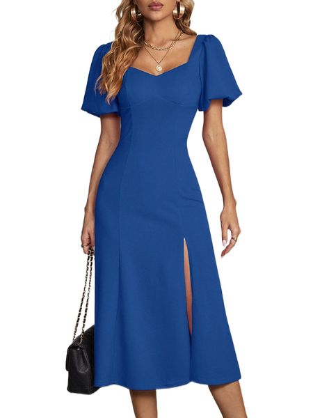 

puff sleeve split thigh dress 90ul#, Black;gray