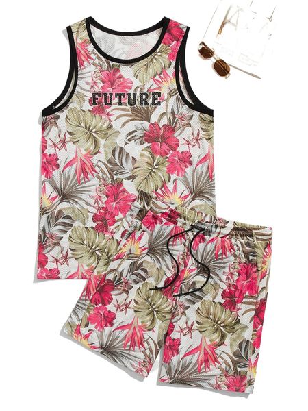 

men tropical and letter graphic mesh tank and shorts set 28im#, Gray