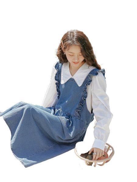 

dazy ruffle trim denim overall dress without blouse l3d0#, Black;gray