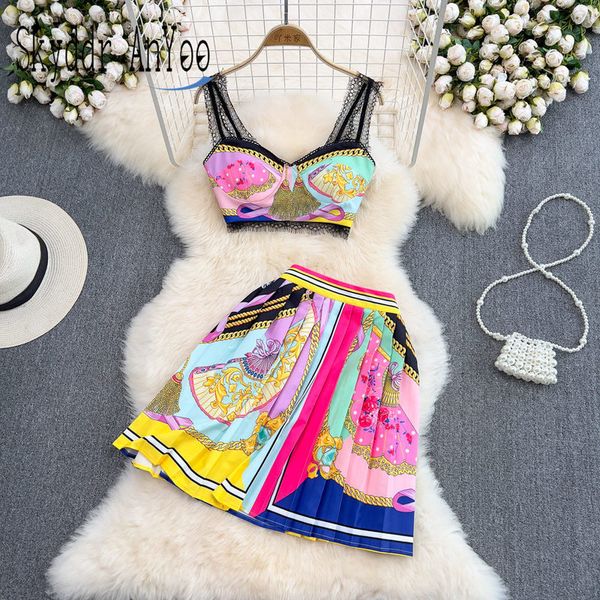 

summer two piece set women's suit printed beach outfits for woman 2 pieces crop high waist pleated skirt outfits 220719, White