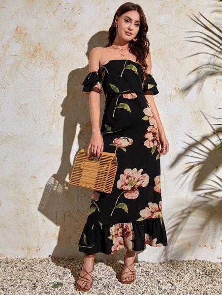 

floral off the shoulder ruffle hem dress 79ar#, Black;gray