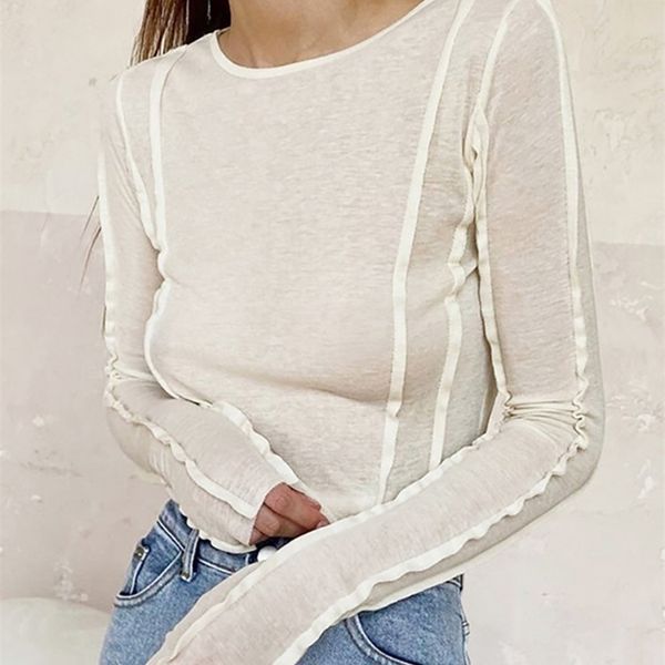 

clacive bodycon white o-neck women's t-shirt elegant yellow long sleeve fall tee shirt casual slim elastic solid female 220328