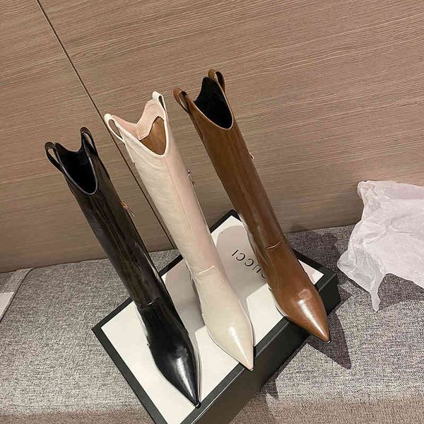 

boots high tube autumn korean version below knee boots women's ins thin pointed thick heel knight elastic high heels 77nt, Black