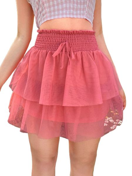 

tie front shirred mesh layered hem skirt e9nq#, Black