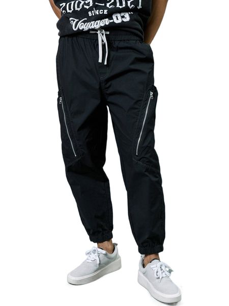 

men zipper detail drawstring waist tapered pants a7bf#, Black