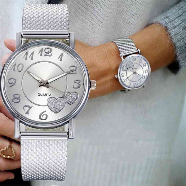 

fashion women watches men gold silver heart dial silicone mesh belt wristwatch reloj mujer montre femme women's 2021, Slivery;brown
