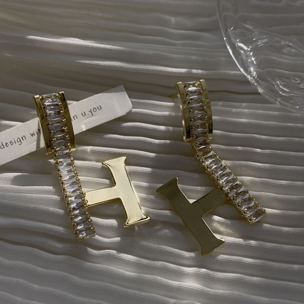 

2022 new u tang jewelry letter h zircon earrings simple heavy industry exaggerated long face slim trend, Golden