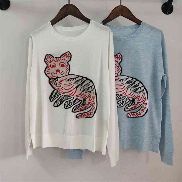 

women's knits tees aging kitten embroidered cashmere wool blended round neck long sleeve thin soft skin bottoming sweater women's, White