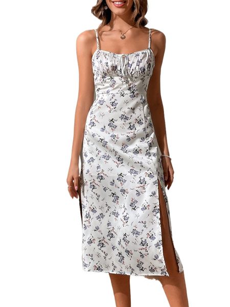 

allover floral print tie front ruched bust slit thigh cami dress x6bw#, Black;gray