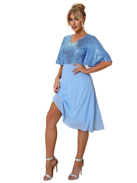 

joyfunear batwing sleeve contrast sequins dress x8pr#, Black;gray