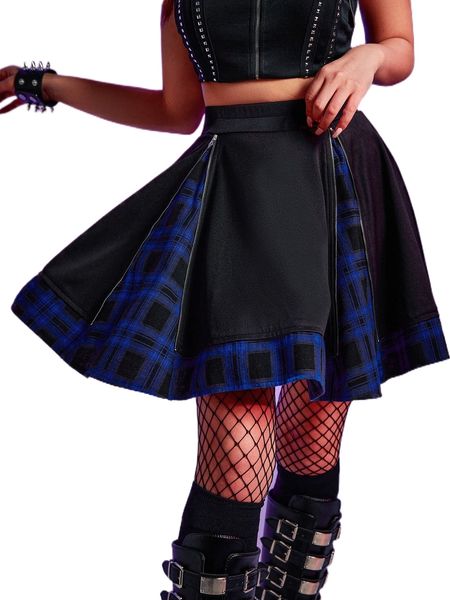 

high waist colorblock plaid flared skirt n2nd#, Black
