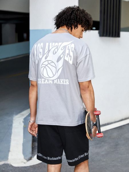 

men letter graphic drop shoulder tee & shorts set w7gb#, Gray