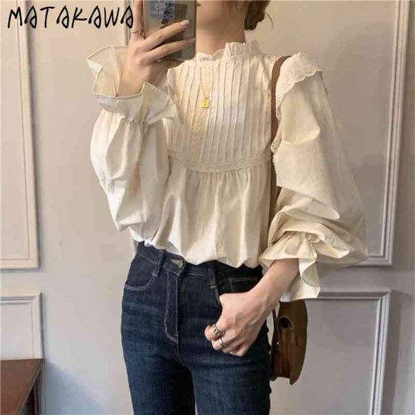 

korean flare sleeve blusas vintage ruffles women blouse standup collar longsleeved ladies shirt spring 210506, White