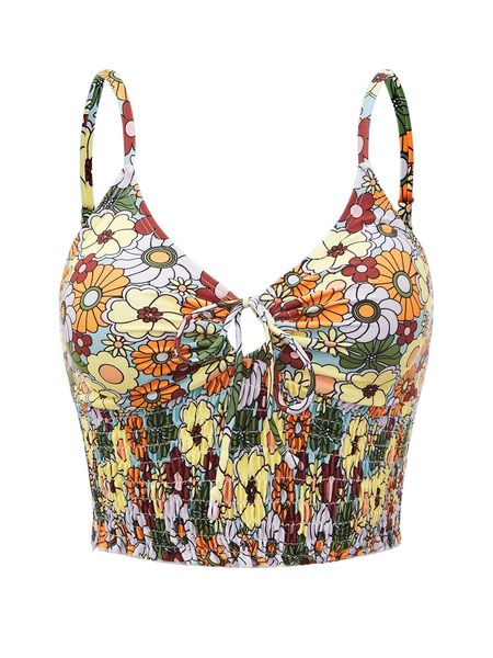 

romwe x goldendazeillustration floral print drawstring smocked tankini 84ay#, White;black