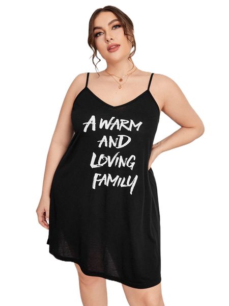 

plus slogan graphic cami nightdress m6bs#, Black;white