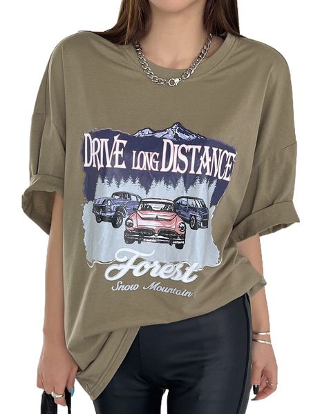 

dazy letter & car print drop shoulder tee u3vl#, White