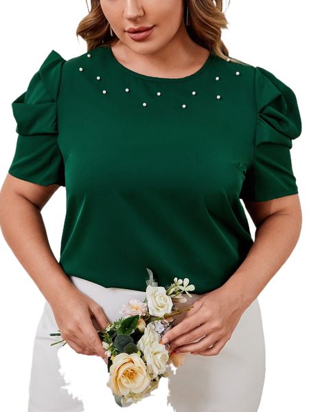 

plus pearls detail puff sleeve blouse c8rj#, Black