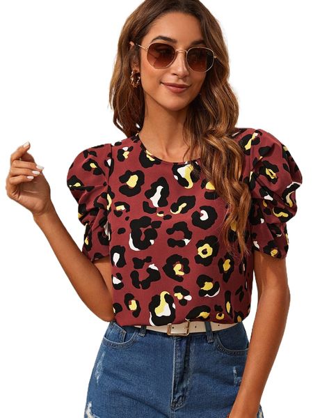 

leopard print puff sleeve blouse q7hv#, White