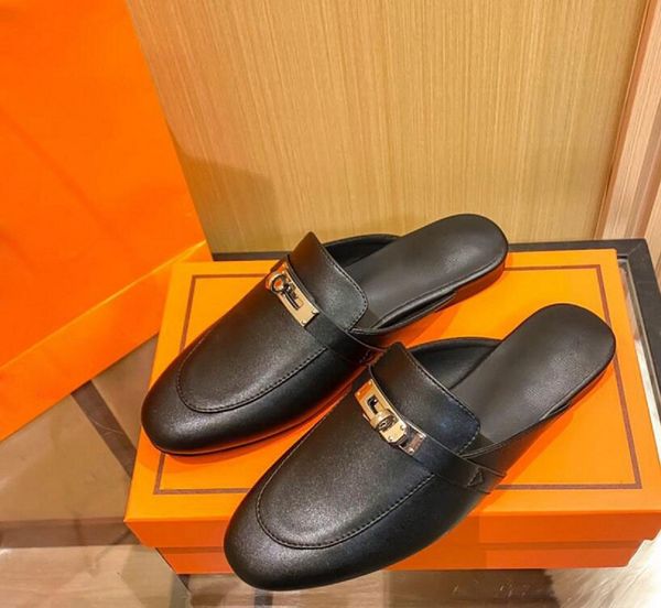 

summer designer slippers genuine leather oz mules sandals princetown metal chain shoe luxury women loafers skin lady slipper size, Black