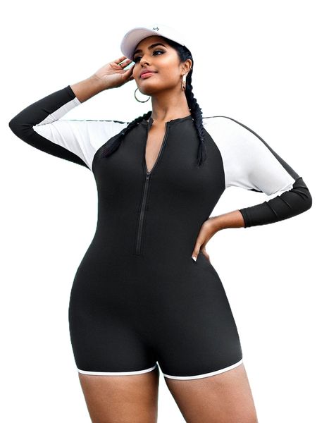 

plus colorblock raglan sleeve one piece swimsuit u0bf#, White;black
