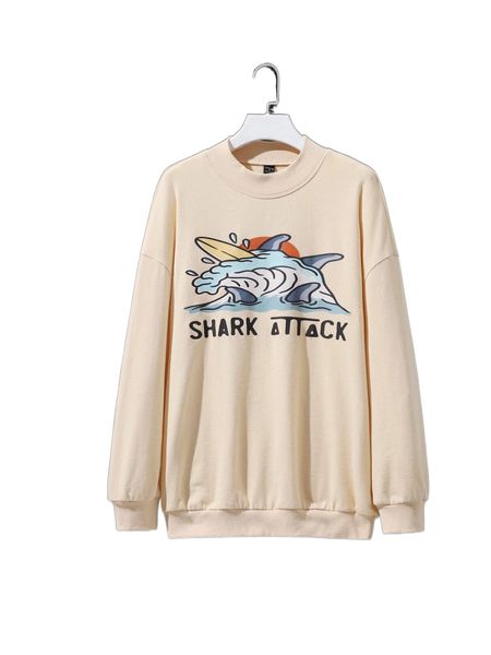 

x shortnsply drop shoulder shark & letter pattern pullover m4im#, Black