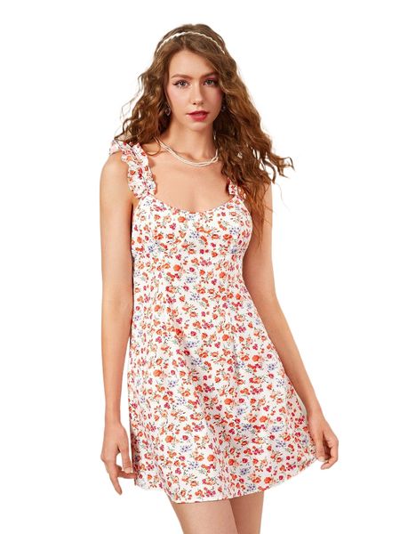 

allover floral crisscross backless frill strap dress r0l7#, Black;gray