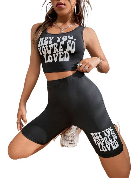 

slogan graphic tank & biker shorts 91wn#, White