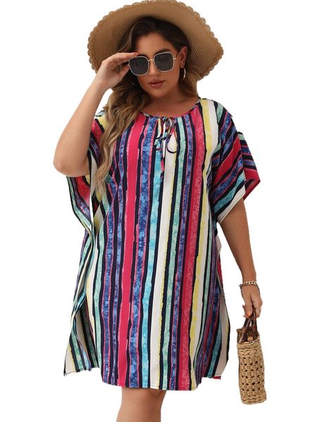 

plus colorful striped tie front dolman sleeve slit hem tunic dress z9hw#, Black