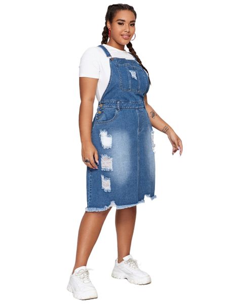 

plus ripped pocket front raw hem denim dress u4x7#, Black