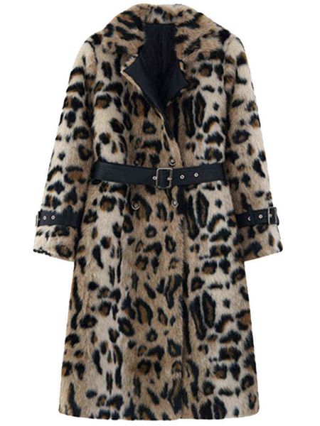 

lautaro winter long leopard print warm fluffy faux fur trench coat for women long sleeve double breasted european fashion 2021 t220816, Black