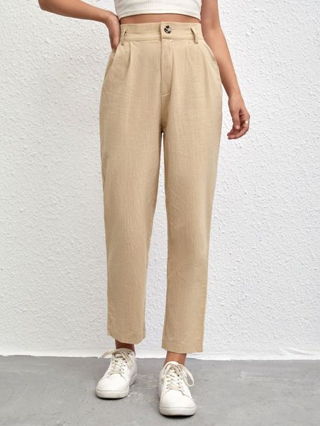 

high waist solid plicated detail pants y3oz#, Black;white