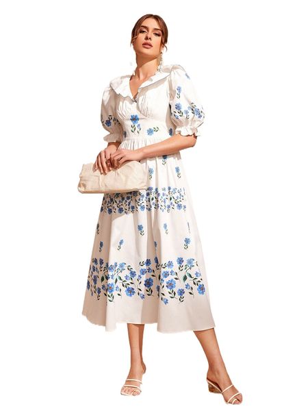 

floral print contrast stitch puff sleeve dress 66pc#, Black;gray