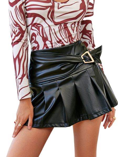 

simplee high waist buckled side pleated hem pu leather skirt i45j#, Black