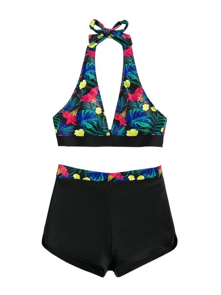 

plant print halter shorts bikini swimsuit h12e#, White;black