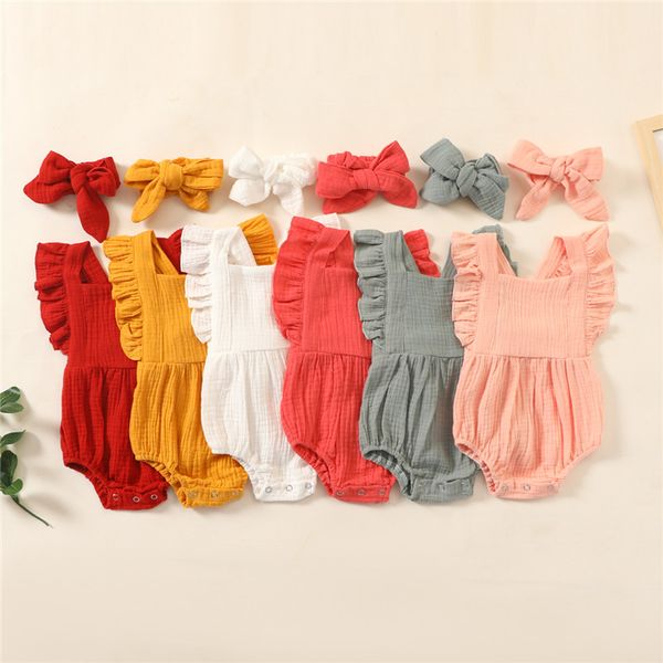 

5 colors summer born infant baby girls cotton linen rompers ruffles sleeveless solid jumpsuits headband clothes outfits 220525, Blue