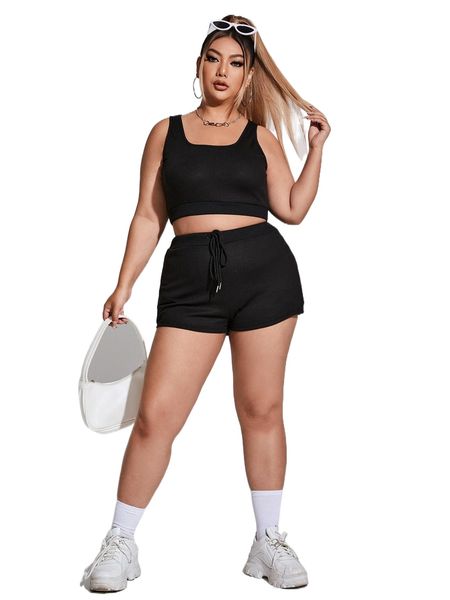 

plus solid tank & drawstring waist shorts 39sh#, Black