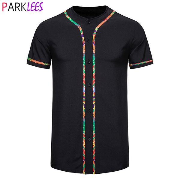 

mens black button down baseball jersey african dashiki print baseball t shirt men harajuku hip hop active team sports uniforms220622, White;black