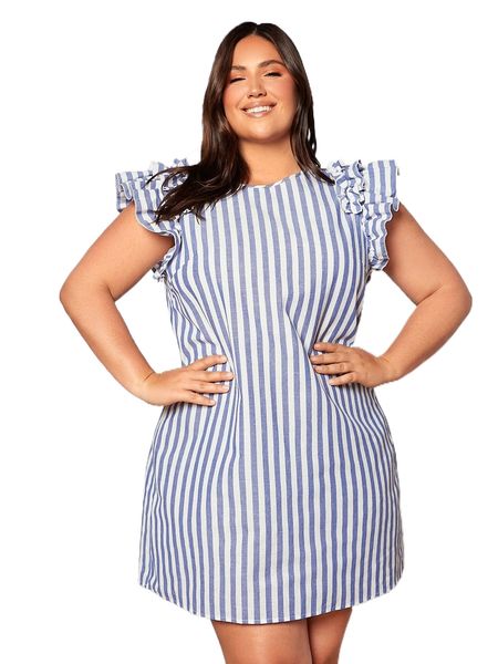 

plus striped print butterfly sleeve tunic dress 108u#, Black