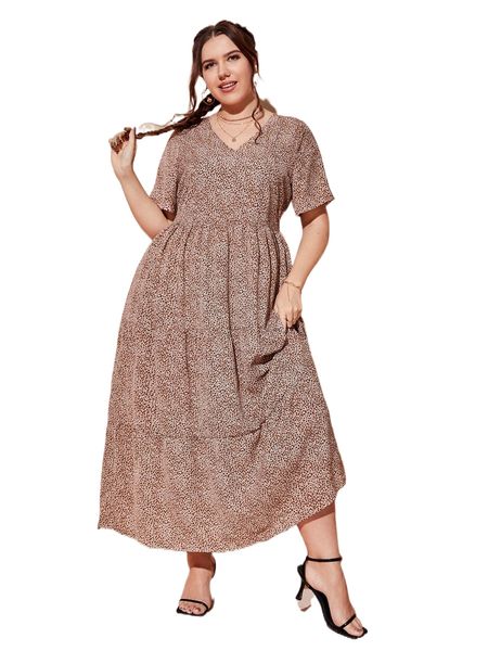 

plus leopard print ruffle hem maxi a-line dress 99nl#, Black