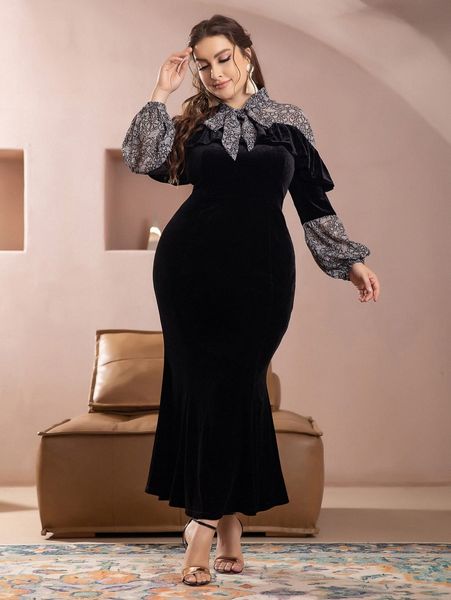 

plus tie neck plant print bishop sleeve mermaid hem velvet dress z5od#, Black