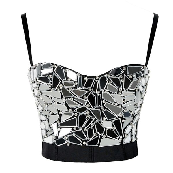 

women summer rave outfit corset with s silver sequin glitter crop strass goth festival clothing drop 220519, White