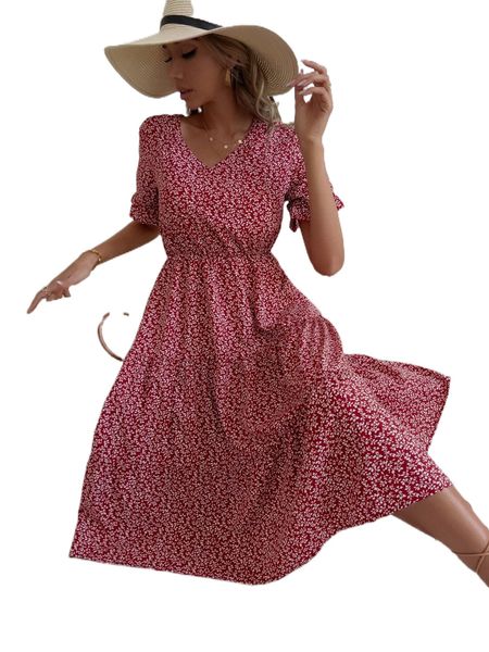 

plant print flounce sleeve ruffle hem dress d3f8#, Black;gray