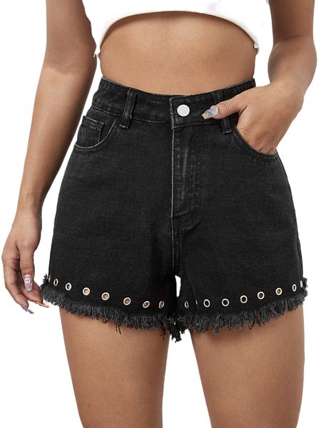 

grommet eyelet raw hem denim shorts u2cv#, White;black