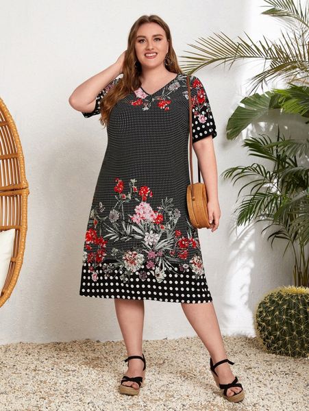 

emery rose plus floral & polka dot print dress k9si#, Black