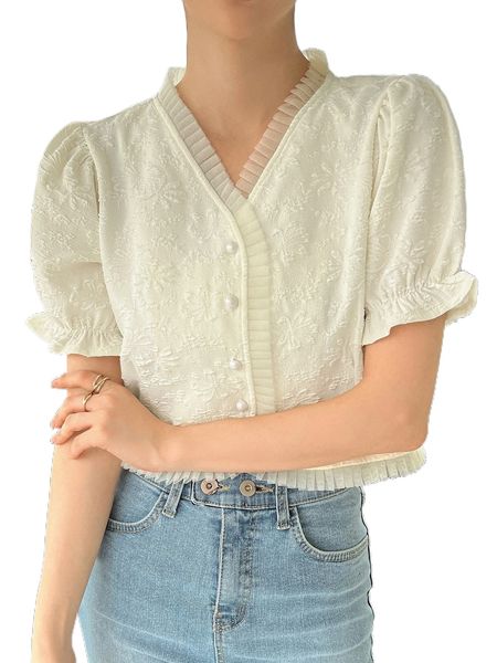 

dazy jacquard floral frill trim puff sleeve blouse 925d#, White